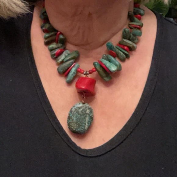 Turquoise and coral stones - hand crafted into this beautiful piece. Length @15” - Picture 2 of 6